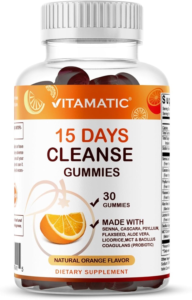 Vitamatic 15 ημέρα καθαρισμού Gummies, Senna, Cascara, Psyllium, flaxseed, Aloe Vera, Licorice, MCT, Probiotic