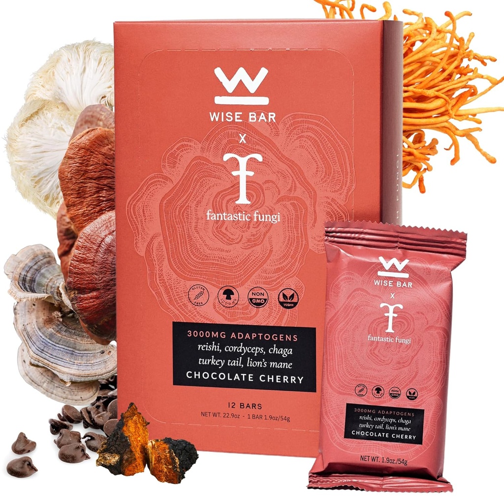 Wise Bar Adaptogen Mushroom Nutrition Bars with Reishi, Lions Mane & Ashwagandha, Organic Vegan & Gluten Free Snacks for Natural Focus, Energy & Immunity Support, Cherry Flavor, 12 Count