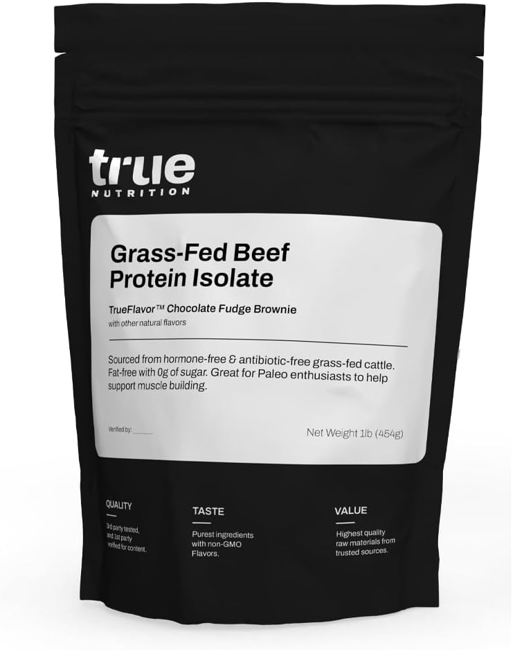 True Nutrition Grass Fed Beef Protein Powder Isolate - 29g Paleo, Keto, Carnivore Beef Protein per Serving - Zero Carb, Fat Free, Gluten Free, Dairy Free, Soy Free - Chocolate Fudge - 1LB