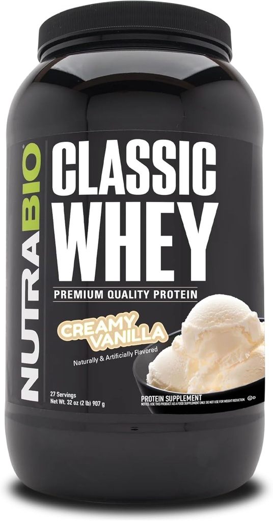 NutraBio Classic Whey Protein Powder- 25G πρωτεΐνης ανά Scoop - Full-Spectrum Amino Acid Profile - Χωρίς πληρωτικά, τεχνητά χρώματα, συντηρητικά - Χαμηλός γλυκαιμικός δείκτης - κρεμώδη βανίλια, 2 Λίρες