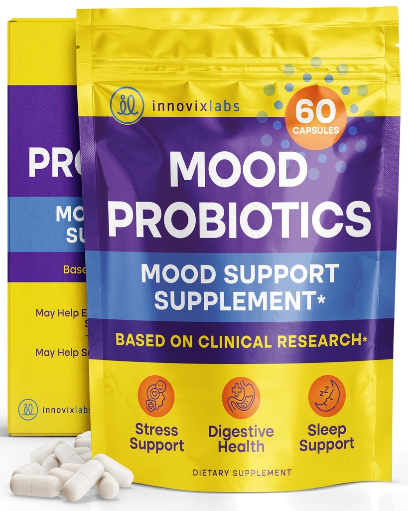 InnovixLabs Mood Probiotic για γυναίκες & άνδρες, Κλινικά Σπουδές Digestive & Mood Υποστήριξη συμπλήρωμα, Lactobacillus helveticus Rosell-52ND & Bifidobacterium longum Rosell-175, 60 κάψουλες