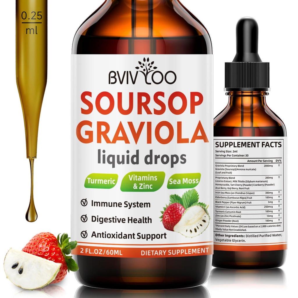 Soursop Graviola Liquid Drops for Cell Support & Regeneration, Immune Boost, Relax, Liver and Sleep, Soursop Bitters Liquid, Sugar/Gluten Free, Natural Strawberries Flavor - 2 Fl Oz (60ml) Μπουκάλι