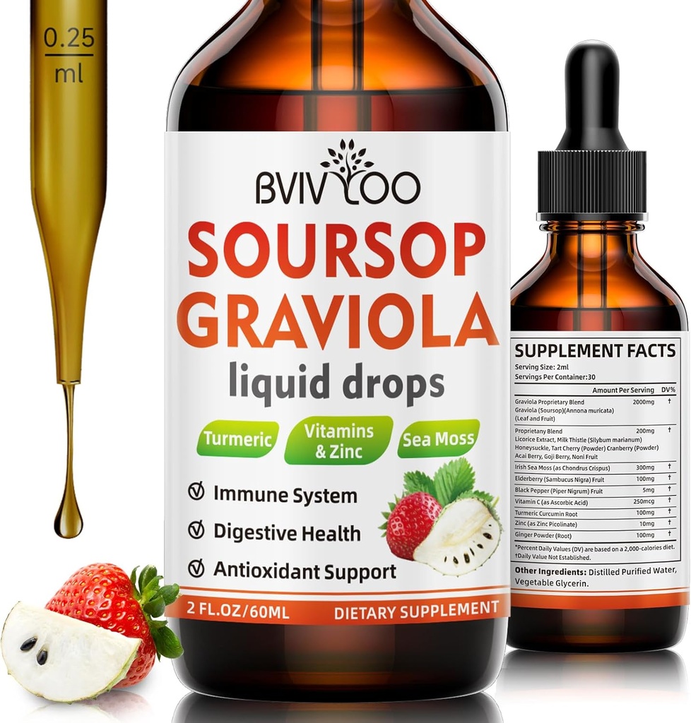 Soursop Graviola Liquid Drops for Cell Support & Regeneration, Immune Boost, Relax, Liver and Sleep, Soursop Bitters Liquid, Sugar/Gluten Free, Natural Strawberries Flavor - 2 Fl Oz (60ml) Μπουκάλι
