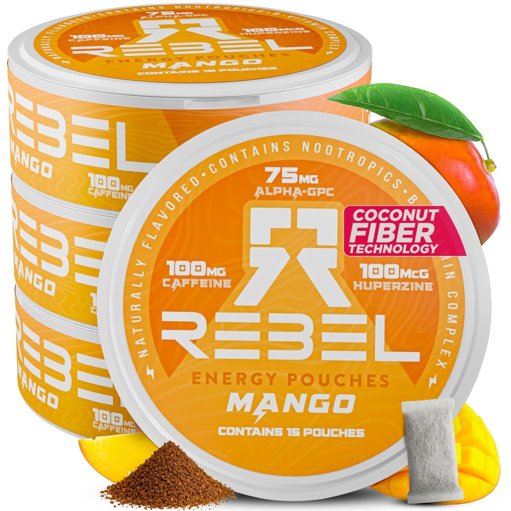 Rebel Nootropic Energy Caffeine Pouches (Mango) • 100mg Caffeine • Alpha GPC • Huperzine A & Essential Vitamins • Sugar-Free • Coconut Fiber Technology • 15 Pouches Per Can (Pack of 4)