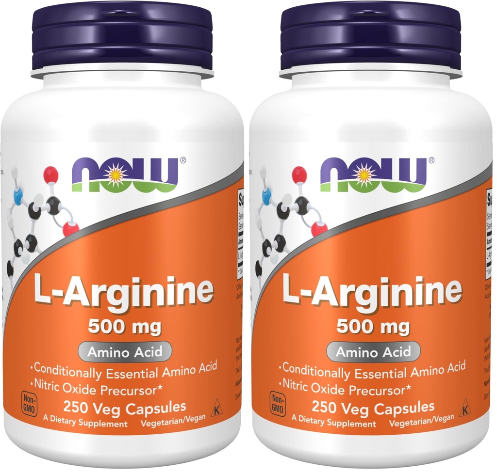 NOW Συμπληρώματα, L-αργινίνη 500 mg, Nitric Oxide Precursor *, Amino Acid, 250 κάψουλες Veg (πακέτο των 2)