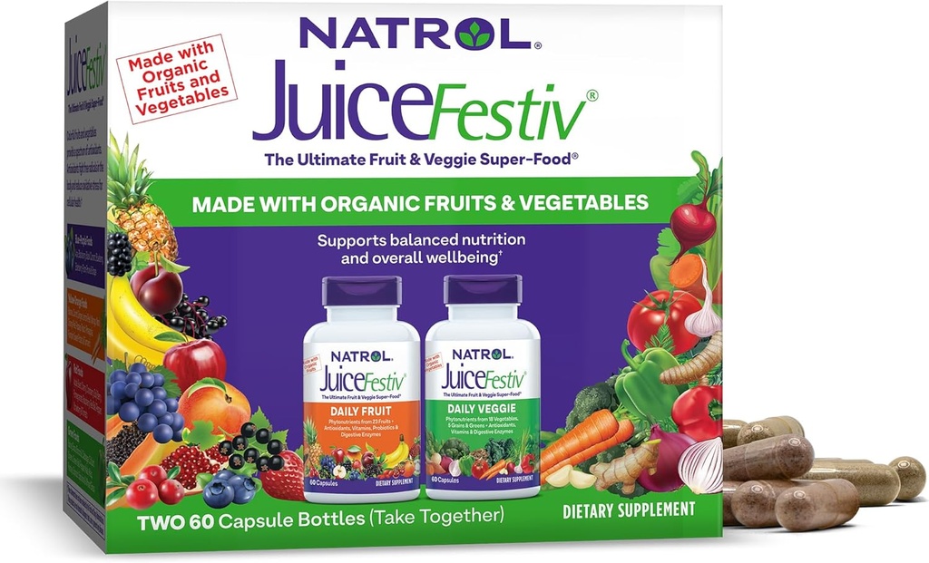 Natrol JuiceFestiv, το Ultimate Fruit και Veggie Super-Food για την υποστήριξη της ισορροπημένης διατροφής και της συνολικής ευεξίας, Plus Αντιοξειδωτικά για την Κυτταρική Υγεία, 60 κάψουλες (2-Count), Μέχρι 30 ημέρες προσφοράς