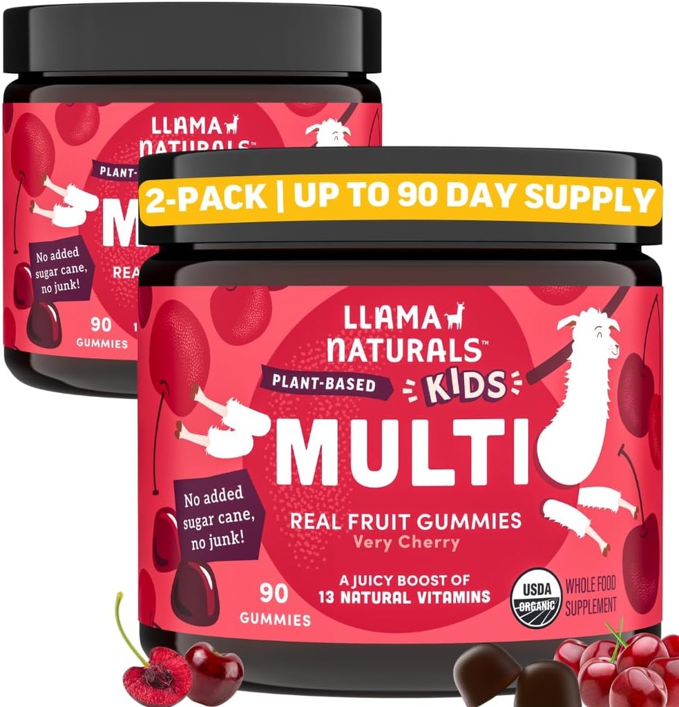 Llama Naturals Παιδιά Πολυβιταμίνη Gummies, Vegan, Βιολογικό με βιταμίνη D, C & K, Toddler Πραγματικό Φρούτο Gummy Βιταμίνες, Chewable Συμπλήρωμα, Ολόκληρα τρόφιμα πολυβιταμίνη, Χωρίς Προστιθέμενη ζάχαρη ζαχαροκάλαμο, Cherry, 2 Pk