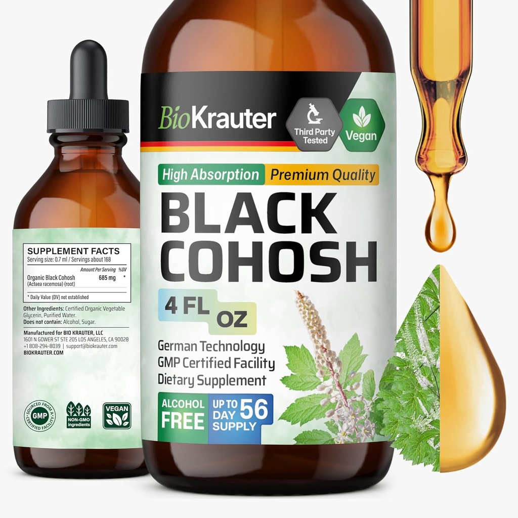 BIO KRAUTER Μαύρο Cohosh Βάμμα - Vegan Μαύρο Cohosh Συμπληρώματα Γυναικών Υποστήριξη - Αλκοόλ και Ζάχαρη Δωρεάν - 4 Fl.Oz.