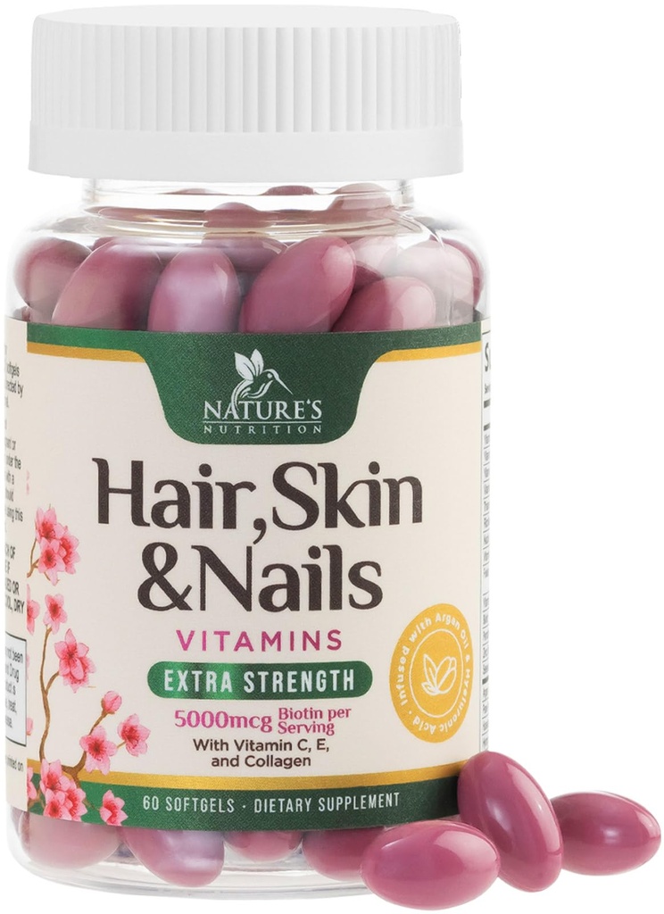 Hair, Skin & Nails Βιταμίνες για γυναίκες - Biotin 5000mcg για την υποστήριξη της ανάπτυξης των μαλλιών με Argan Oil, Collagen & Hyaluronic Acid, Όμορφη, ισχυρότερη επιδερμίδα, μαλλιά & νύχια Συμπλήρωμα βιταμίνης - 60 Softgels