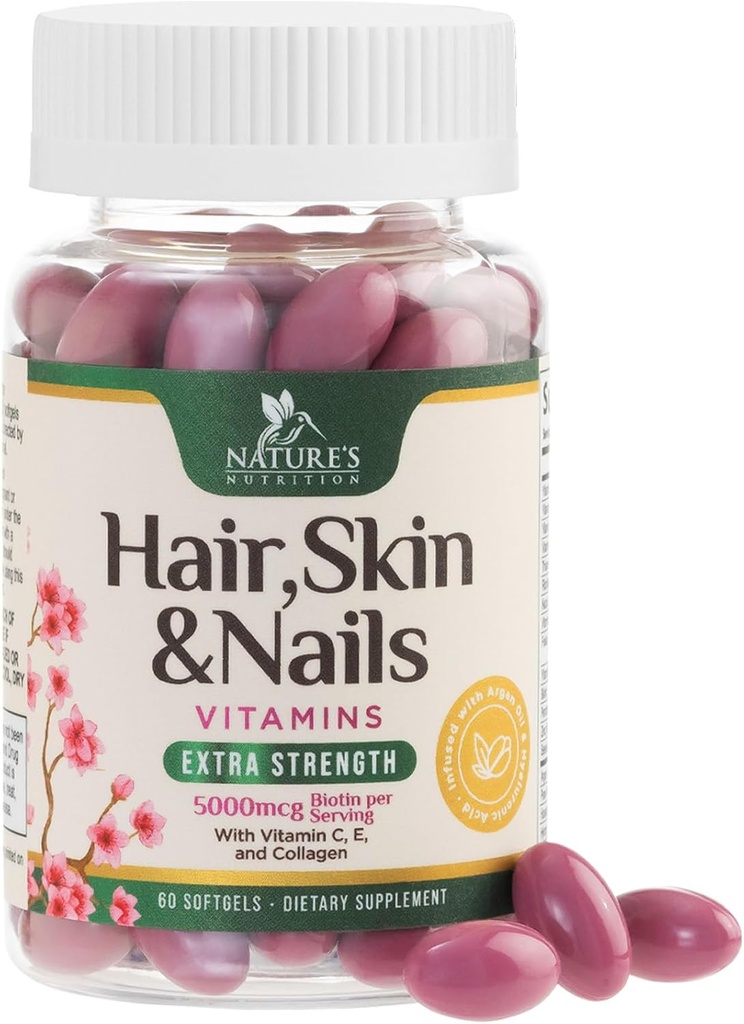 Hair, Skin & Nails Βιταμίνες για γυναίκες - Biotin 5000mcg για την υποστήριξη της ανάπτυξης των μαλλιών με Argan Oil, Collagen & Hyaluronic Acid, Όμορφη, ισχυρότερη επιδερμίδα, μαλλιά & νύχια Συμπλήρωμα βιταμίνης - 60 Softgels