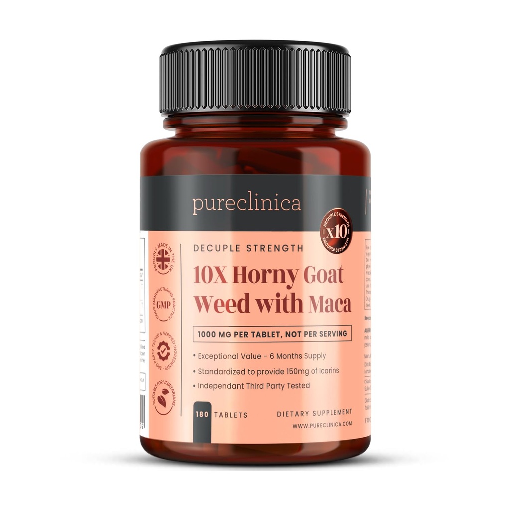Pureclinica 10X Horny Goat Weed & Maca Extract 6250mg x 180 Δισκία (6 Μήνες Προσφορά) -10 X Περισσότερες Ικαριίνες - w/5mg Black Pepper Extract για 300% Αυξημένη Απορρόφηση