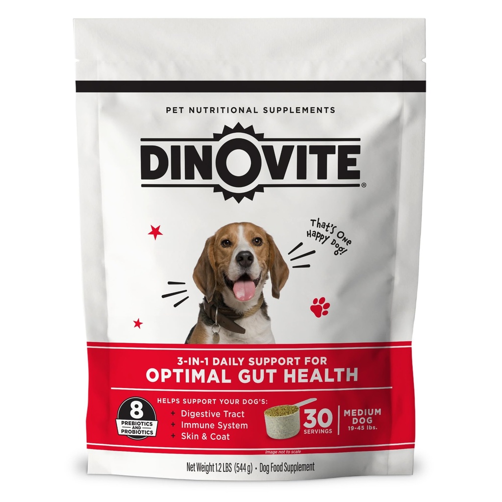 Dinovite 3 σε 1 Probiotic για Μεσαίου Σκύλους, Δέρμα & Coat, Digestive Health & Joint Relief, Dog Food Toppers, Ανοσολογική Υποστήριξη, Αλλεργία Ανακούφιση & Itch Relief Δερματική Φροντίδα, 30 Σερβιέτες (18-45lb)