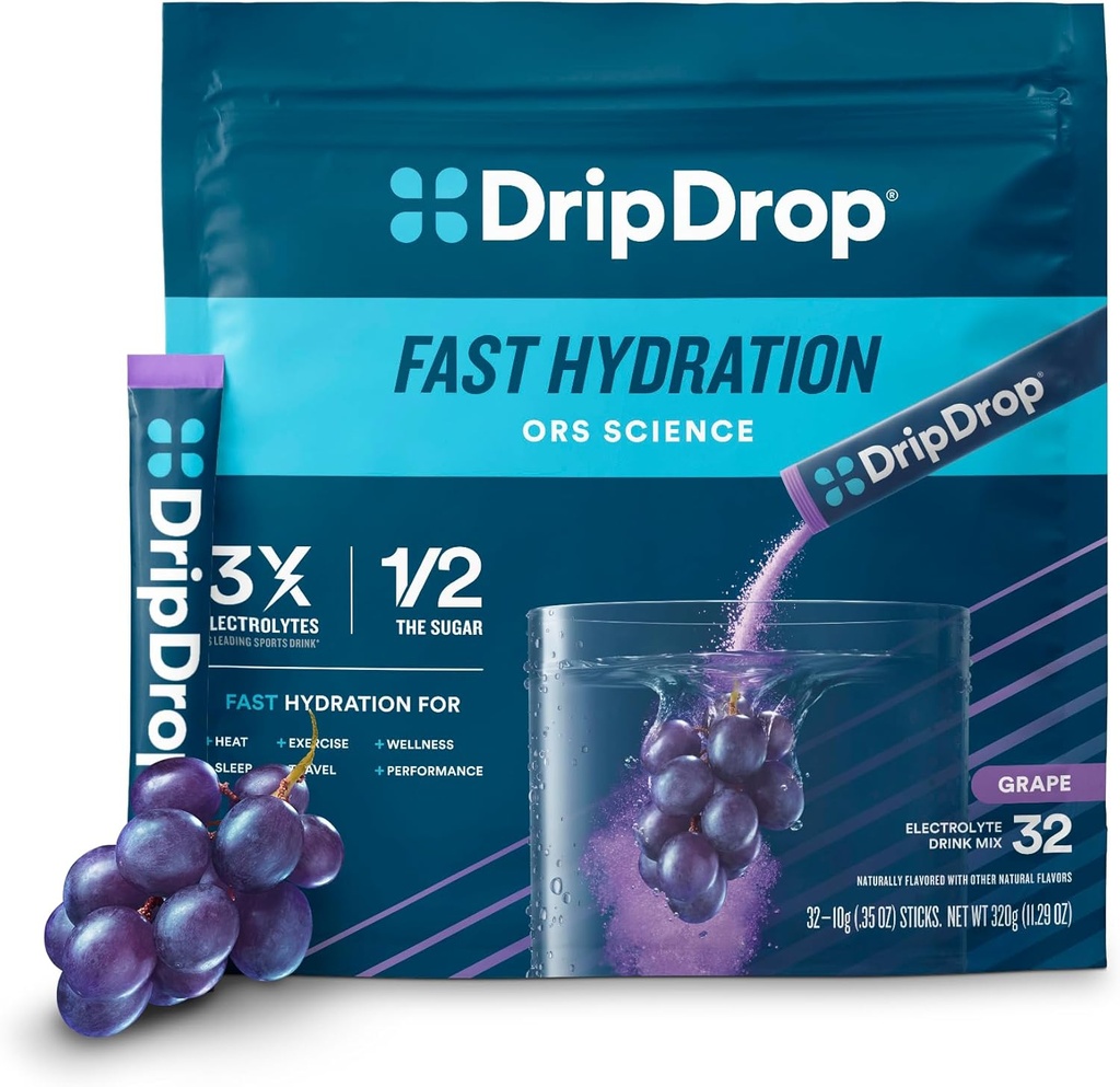 DripDrop Hydration Packets - Σταφύλι - Μονό σερβίρετε ηλεκτρολύτες Powder Mix - Μη ΓΤΟ, Χωρίς γλουτένη, Vegan - 32 Sticks