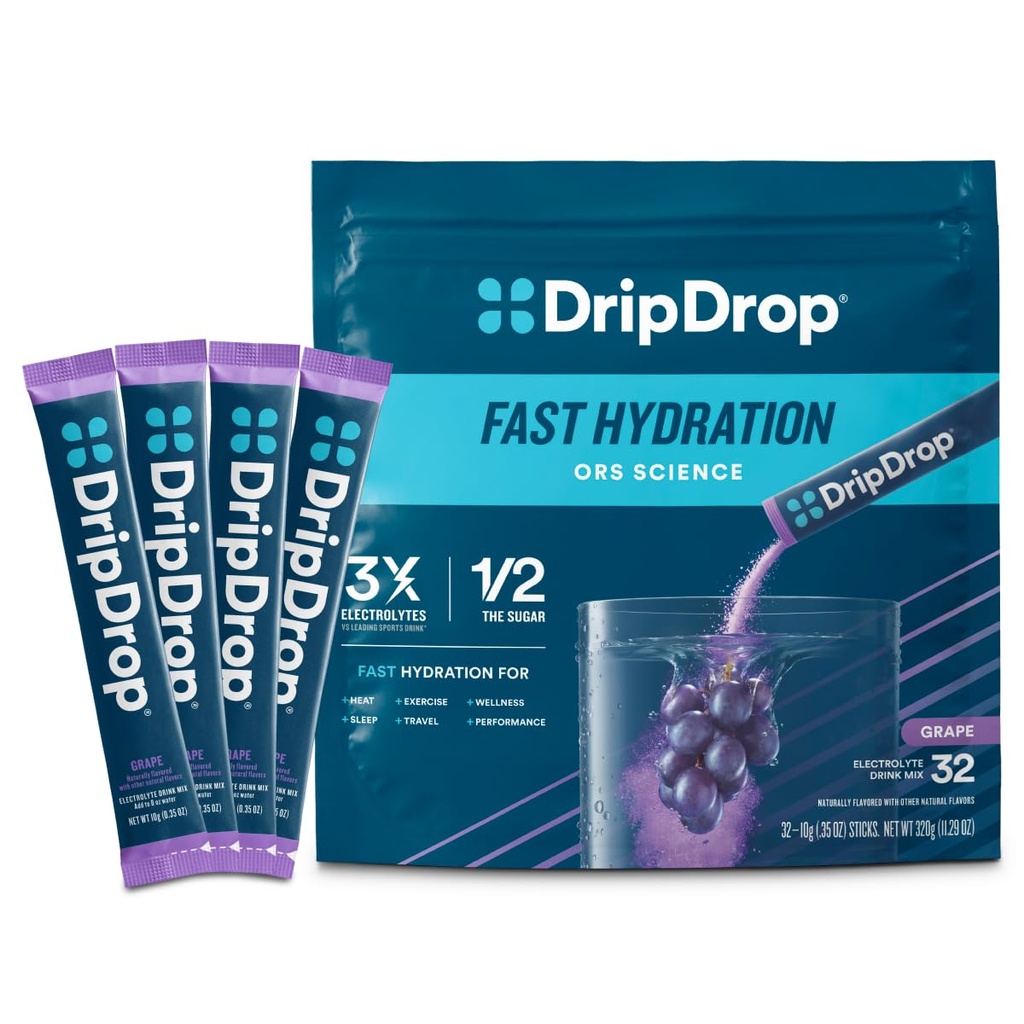 DripDrop Hydration Packets - Σταφύλι - Μονό σερβίρετε ηλεκτρολύτες Powder Mix - Μη ΓΤΟ, Χωρίς γλουτένη, Vegan - 32 Sticks