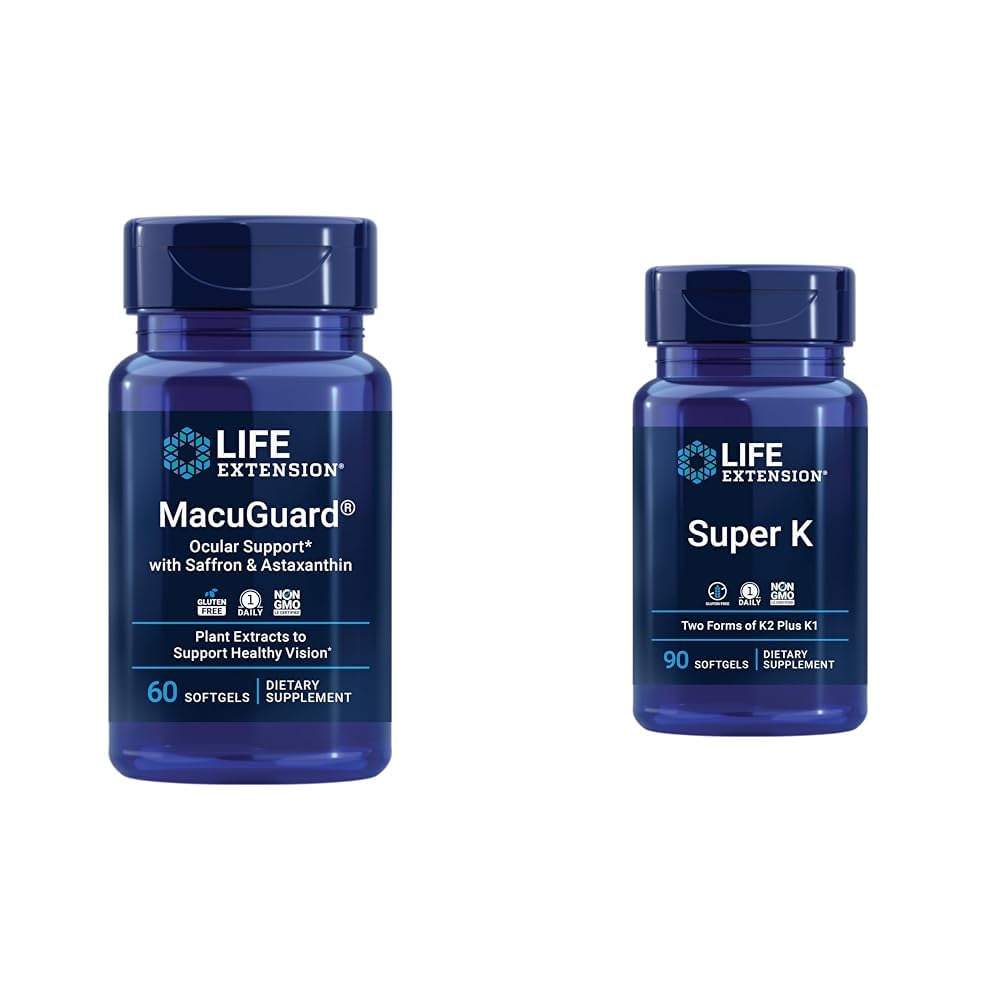 Life Extension Macuguard Eye Health Supplement with Lutein, Meso-Zeaxanthin, Saffron & Astaxanthin - 60 Count and Super K Vitamin K1 K2 MK-7 MK-4 Vitamin C - 90 Softgels
