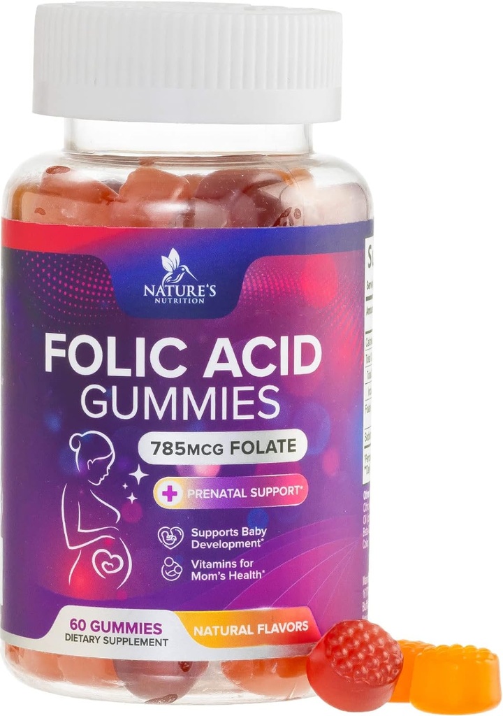 Φολικό οξύ Gummies για τις γυναίκες 785 mcg, Απαραίτητες προγεννητικές βιταμίνες για τη μαμά & το μωρό, Vegan Folic συμπλήρωμα Gummy, καθημερινή βιταμίνη B9 επιπλέον Folate δύναμη, πριν από τη διάρκεια μετά την εγκυμοσύνη - 60 Gummies