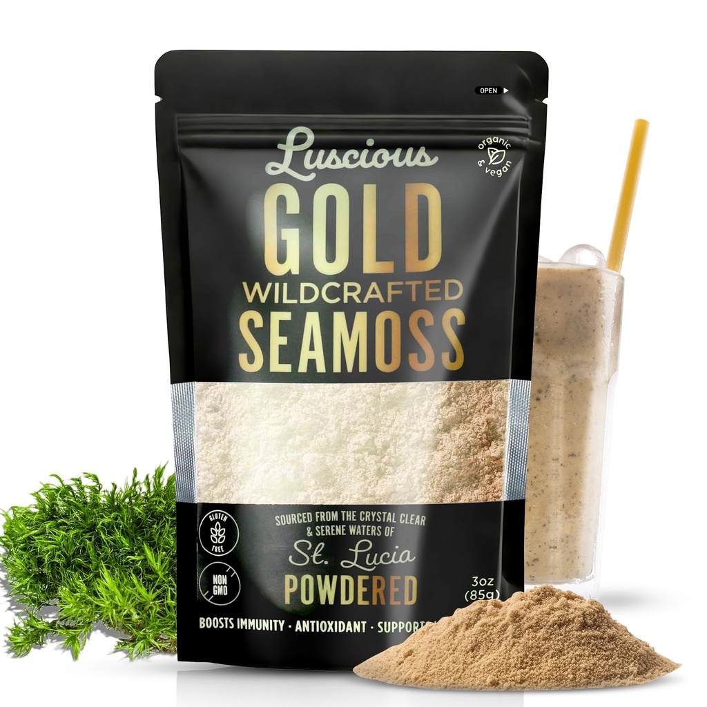 Luscious Gold Wildcrafted Sea Moss Powder 3 Oz | St Lucia 100% Organic Sea Moss Superfood Powder | Supports Immune,Gut & Digestive Health | Vegan, Gluten-Free, Makes 120+ Fl Oz Gel