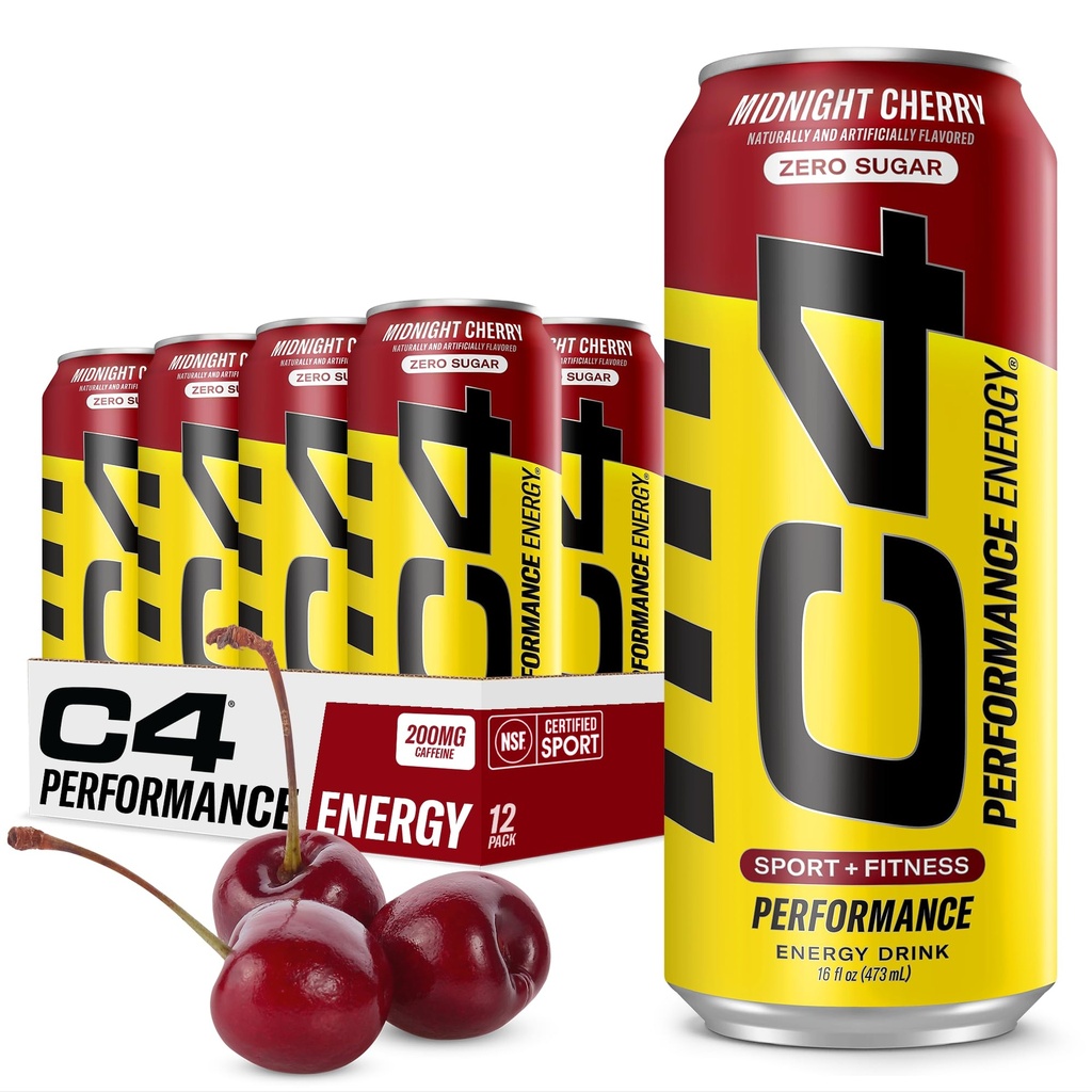 C4 Ενέργεια Carbonated Zero Sugar Energy Drink, Pre Procedout Drink + Beta Alanine, Midnight Cherry, 16 Fl Oz (Pack of 12)