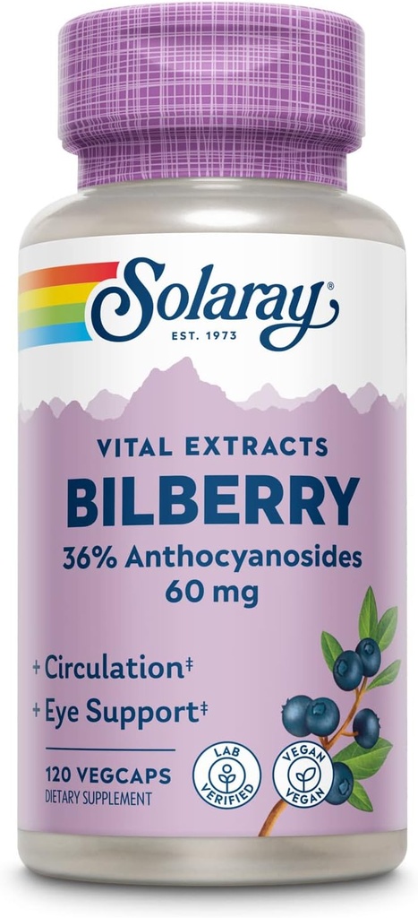 SOLARAY Bilberry Extract 60 mg ανά καψάκιο, Ισχυρό Αντιοξειδωτικό, Εγγυημένη Ικανότητα για Υγιεινή Όραση & Υποστήριξη Κυκλοφορίας 120 VegCaps