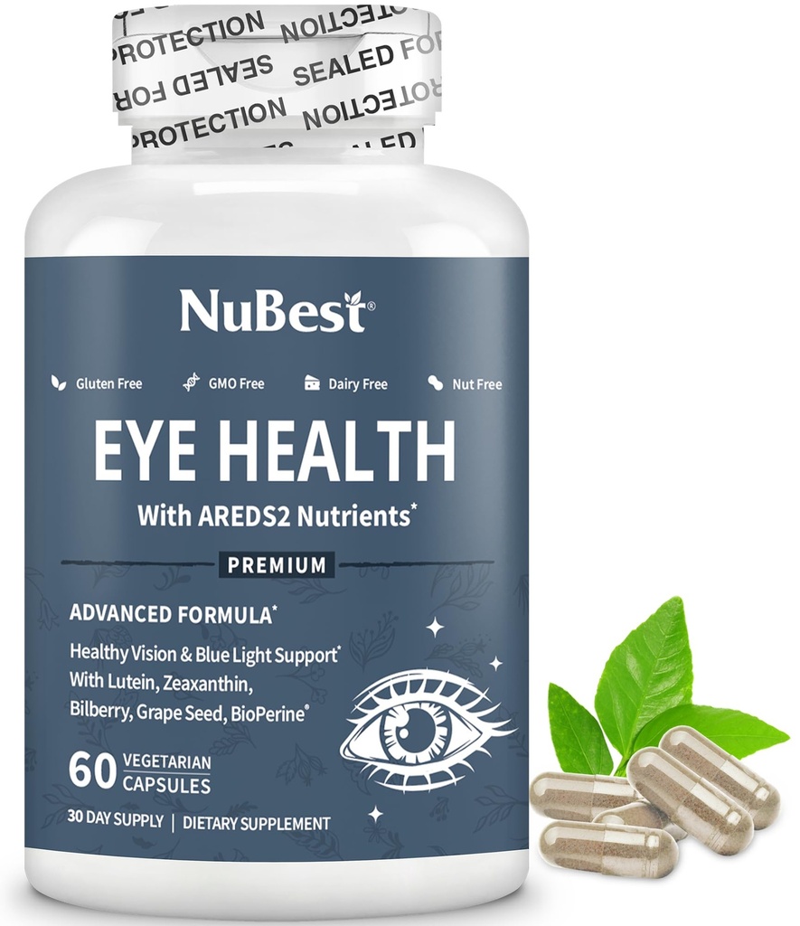 NuBest AREDS 2 Βιταμίνες ματιών με Beta Carotene Carrot σε σκόνη, 20mg Lutein, 4mg Zeaxanthin, Bilberry, Grape Seed, BioPerine, B-Complex, Multivitamin for Eye Health 