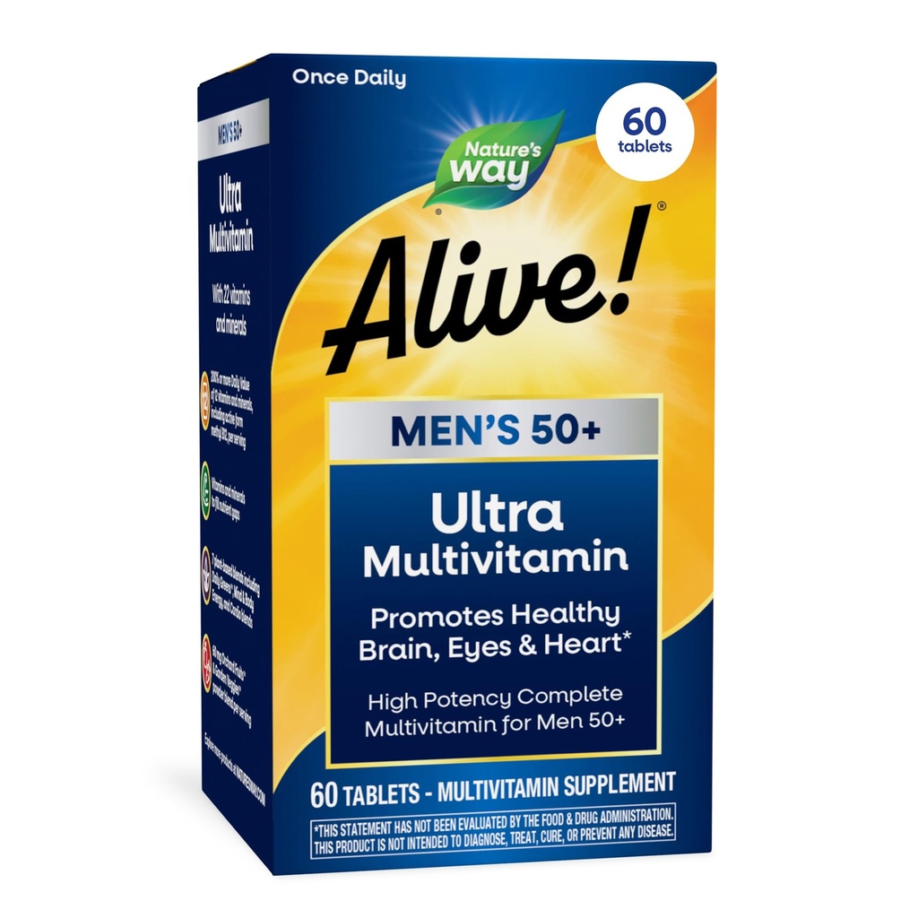 Nature's Way Alive! Men’s 50+ Daily Ultra Multivitamin, High Potency Formula, Supports Healthy Brain, Eyes & Heart*, with Methylated B12, Gluten-Free, 60 Tablets (Packaging May Vary)