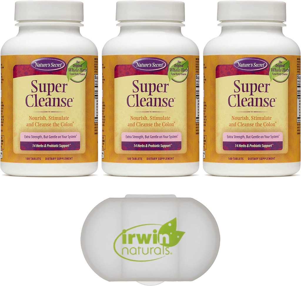 Nature's Secret Super Cleanse Extra Strength Toxin Detox & Gentle Elimination Total Body Cleanse, Digestive & Colon Health Support, 3 Packs of 100 Tablets, with a Pill Case