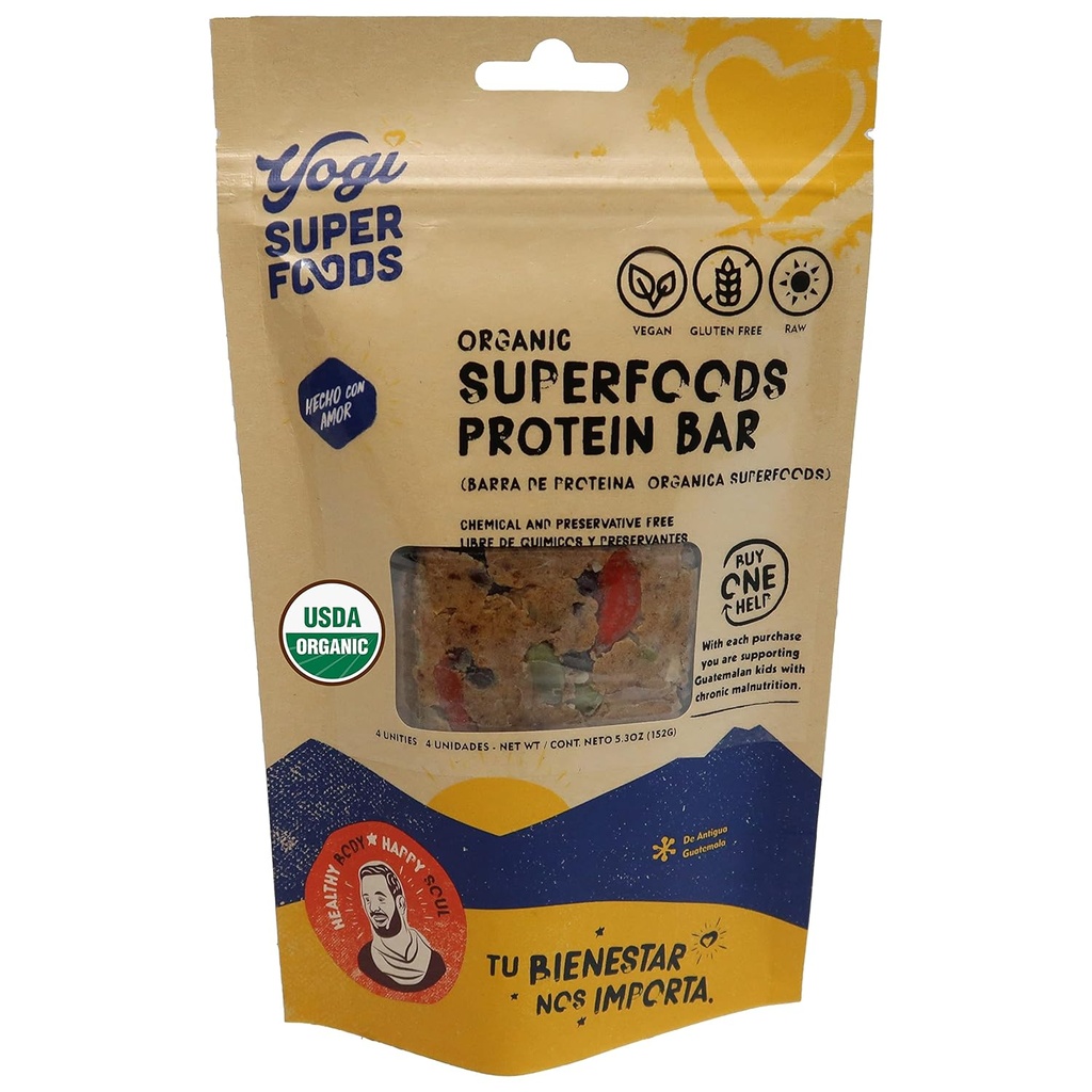 Yogi Super Foods Μπάρες πρωτεΐνης Maca με Cacao για Υγιή Ενέργεια - Ακατέργαστη, Vegan, Χωρίς γλουτένη, Χαμηλή Glycemic Superfood Σνακ Μπαρ Τροφίμων με Πρωτεΐνη φυτών, Κακάο σε σκόνη & Granola - 4 Bars
