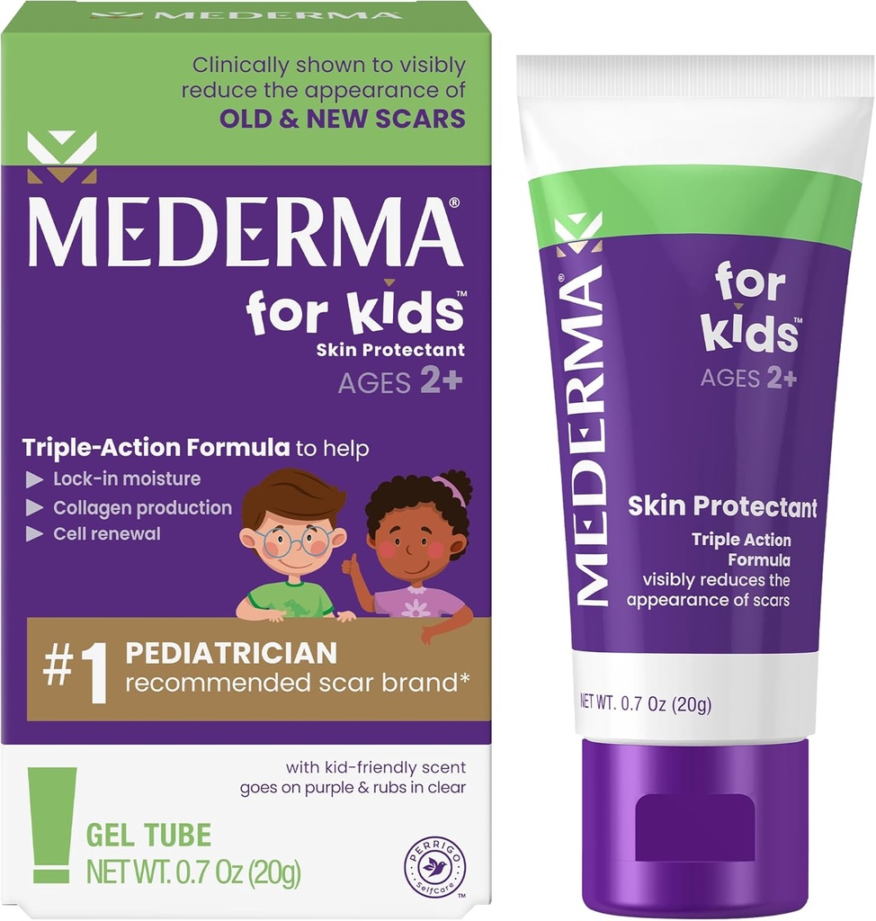 Mederma Scar Gel για παιδιά - Μειώνει την εμφάνιση των παλιών & νέων ουλών από περικοπές, έγκαυμα, χειρουργική, Εντομικά τσιμπήματα & σχισμές, Σταφύλι Scented, Goes on Purple & Rubs in Clear, Ηλικίες 2+, 0.70 Oz