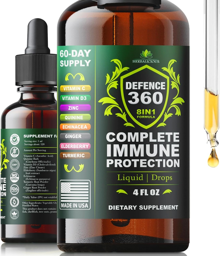Defence360 Immune Support 8-σε-1 Συμπλήρωμα υγρού με βιταμίνη C, D3, Ψευδάργυρος, Elderberry, Echinacea, Turmeric, Ginger & Quinine – Πλήρης Ανοσολογική Προστασία (4 FL OZ)