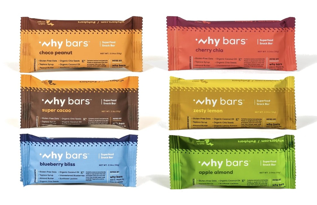 Why Bars, Protein Bars, Variety Pack, 2.04 Ounce Bars (Pack of 12 Protein Bars) - Protein Bar Superfood, Χωρίς γλουτένη, Μη ΓΤΟ, Βιολογικό, Vegan, Απλό Συστατικά