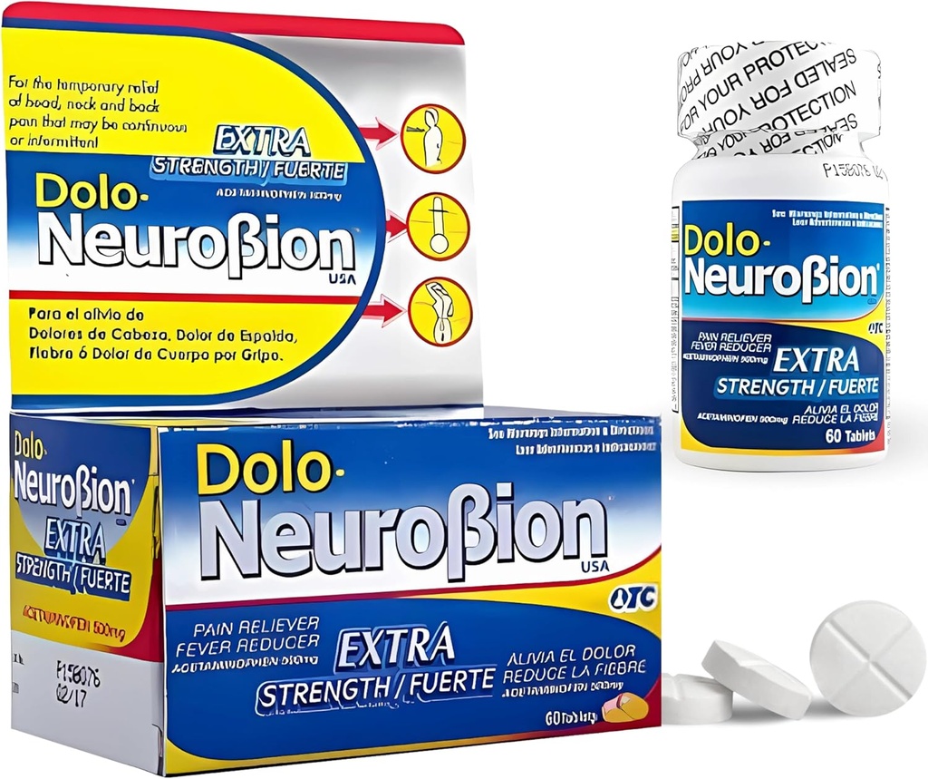 Dolo Neurobion Pain Reliever, Fever Reducer, Extra Strength. Alivia el Dolor,Reduce la Fiebre, Extra Fuerte. 60 Tablets. Acetaminophen 500 mg