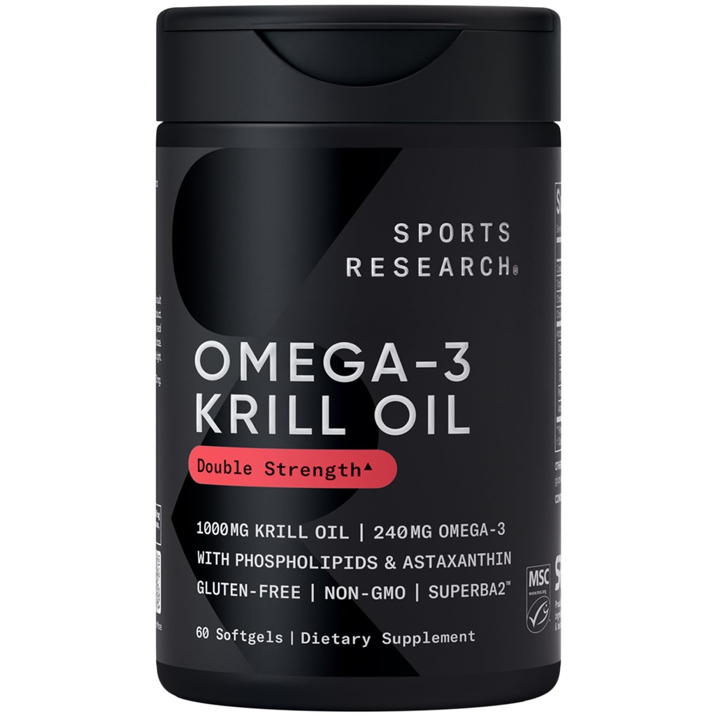 Sports Research® Omega-3 Krill Oil 1000mg - Pure Antarctic Superba Krill με φωσφολιπίδια, χολίνη & ασταξανθίνη - MSC Certified Sustainable · Non-GMO · Gluten Free - 60 Softgels