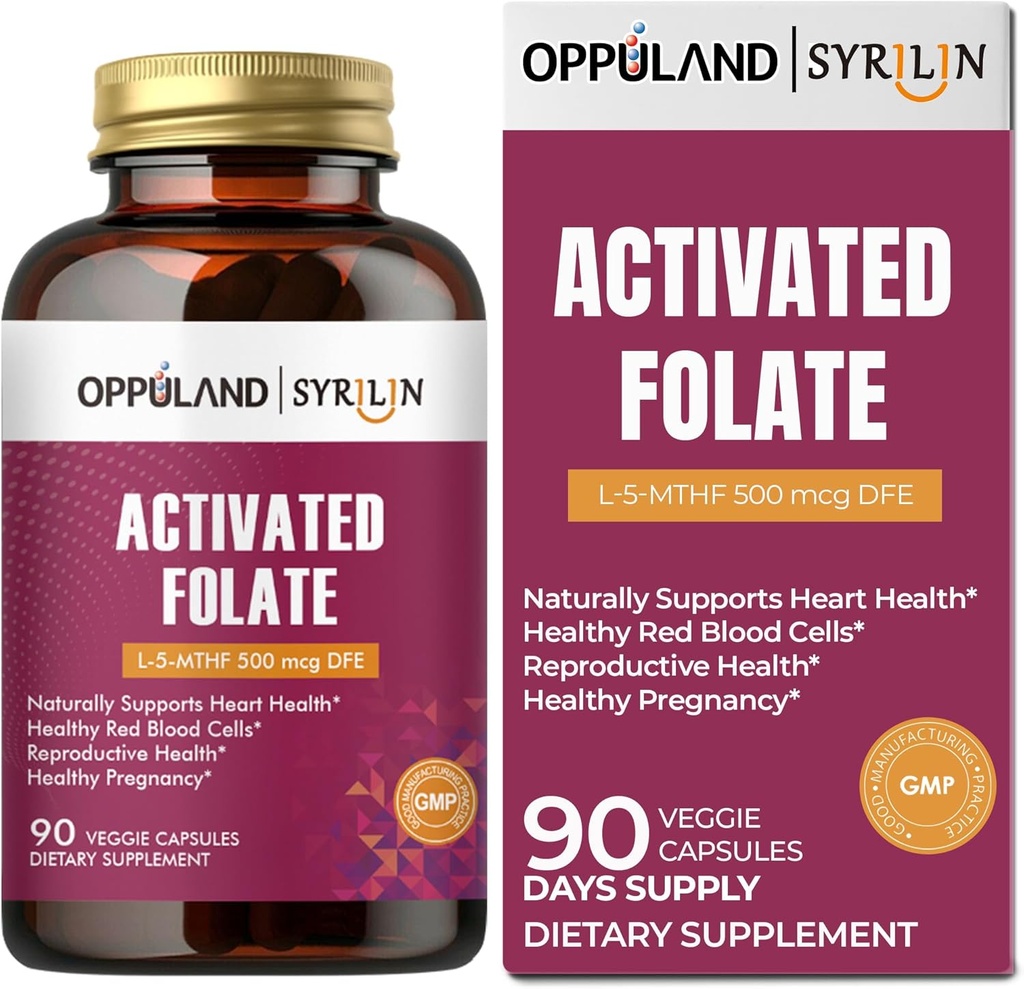 Activated Folate-L 5-MTHF DFE Supplement - Methylfolate B9 MTHF with Vitamin B12, CoQ10, & Red Raspberry - Methylated L-Methylfolate for Men and Women - 500 mcg - 90 Veggie Capsules