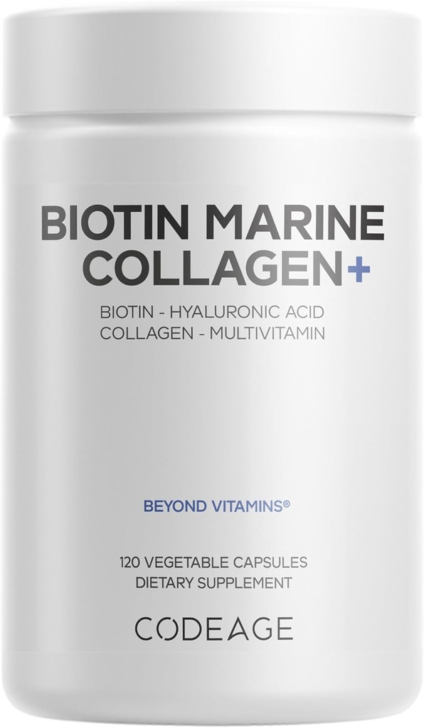 Codeage Biotin Marine Collagen Peptides - Wild-Caught Marine Collagen Types I & III, Biotin, Vitamins C & E, Hyaluronic Acid, Amino Acids, Fruit and Herb Blend, Non-GMO - 120 Κάψουλες