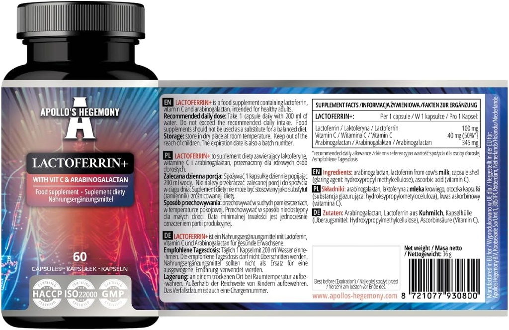 APOLLO'S HEGEMONY Lactoferrin+ 100 mg - με Βιταμίνη C και Arabinogalactan - 60 Κάψουλες Vegan - 2 Μήνες Προσφορά - για Ενισχυμένη Ανοσία και Απορρόφηση Σιδήρου