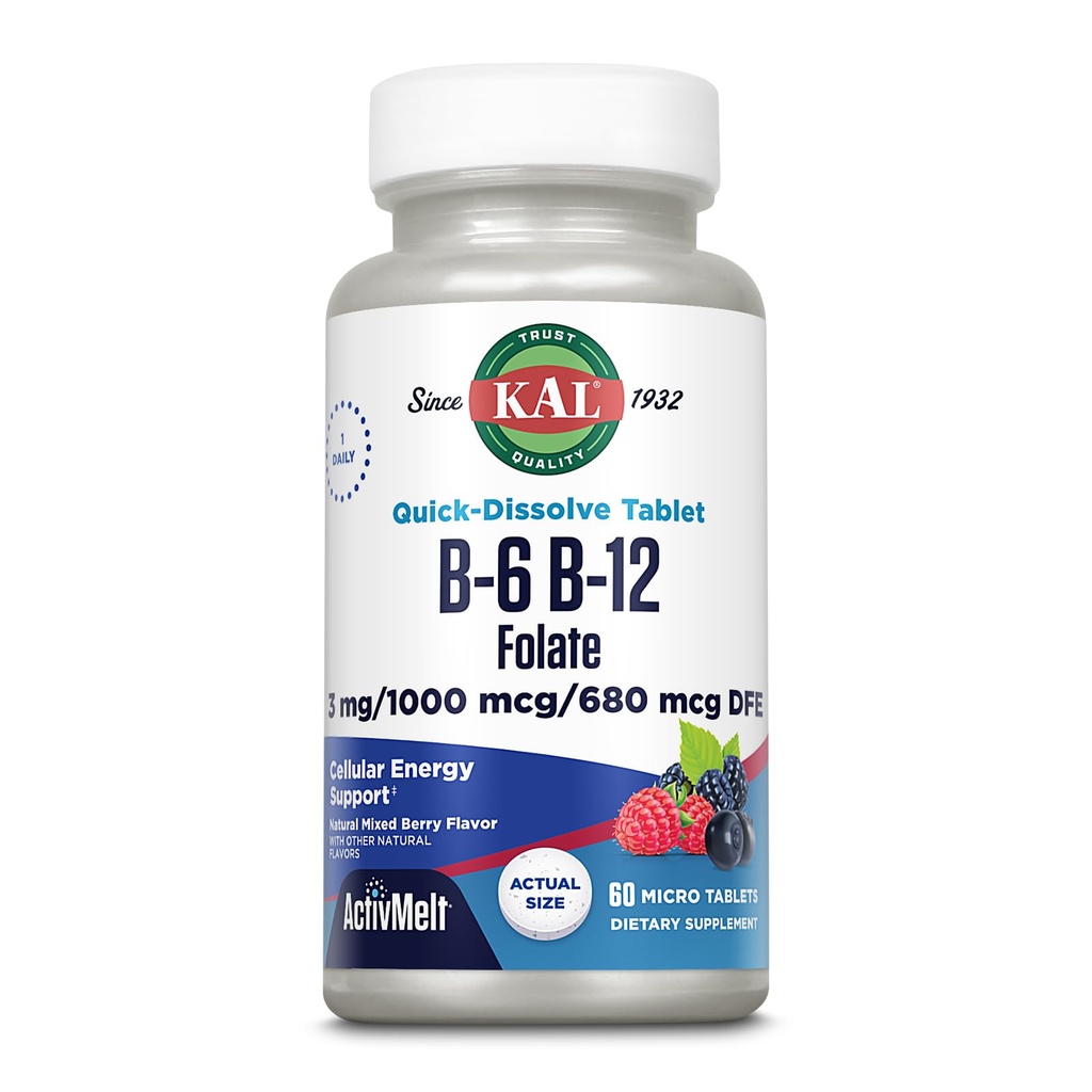 KAL Vitamin B-6, B-12 & Folic Acid Supplement, Heart Health, Energy & Red Blood Cell Support*, με Βιταμίνη B12 Methylcobalamin & Folate, Natural Berry Flavor, 60 Servings, 60 ActivMelt Micro Tablets