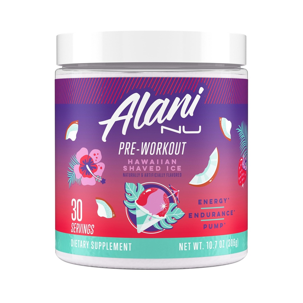 Alani Nu Pre Workout Powder Hawaiian Shaved ICE, Amino Energy Boost, Endurance Supplement, Sugar Free, 200mg Caffeine, L-Theanine, Beta-Alanine, L-Citrulline, 30 Servings