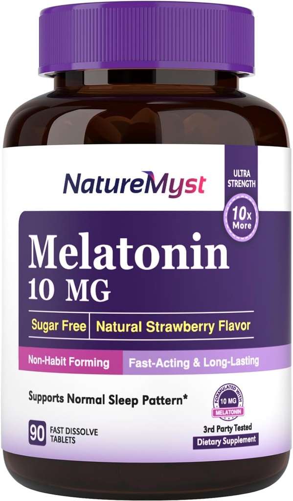 Μελατονίνη 10 MG, Δισκία ταχείας διάλυσης, Ultra Strength, Μη Χαλαρή διαμόρφωση, Υποστήριξη ύπνου και ηρεμίας, Χωρίς ζάχαρη, Φυσικό άρωμα φράουλας, 90 δισκία