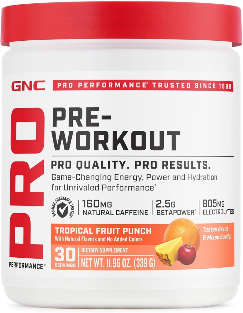 GNC Pro Performance Pre Workout Powder for Men and Women, Energy, Hydration, Focus, Sugar Free, Gluten Free, Performance Supplement, Tropical Fruit Punch, 30 Servings