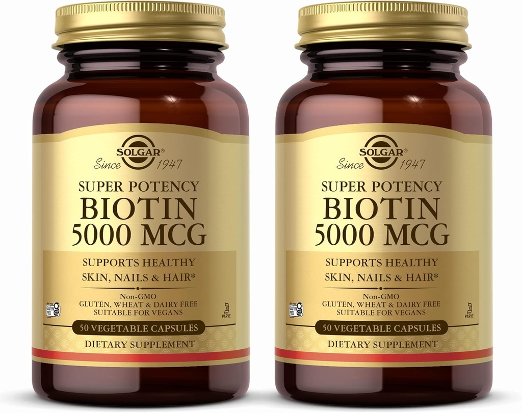 Solgar Biotin 5000 mcg - 50 Vegetable Capsules, Pack of 2 - Supports Healthy Skin, Nails & Hair - Non-GMO, Vegan, Gluten Free, Dairy Free, Kosher - 100 Total Servings