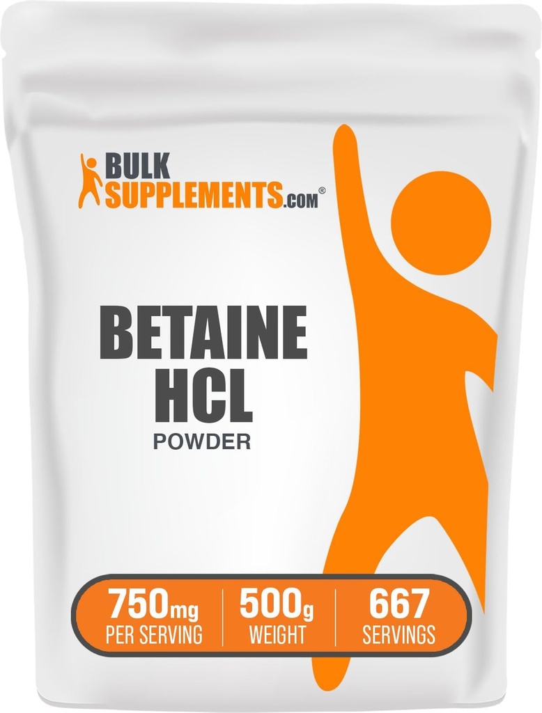 BulkSupplements.com Betaine HCl Powder - Betaine Hydrochloride Supplement, Digestive Support - Gluten Free, 750mg per Serving, 500g (1.1 lbs) (Pack of 1)
