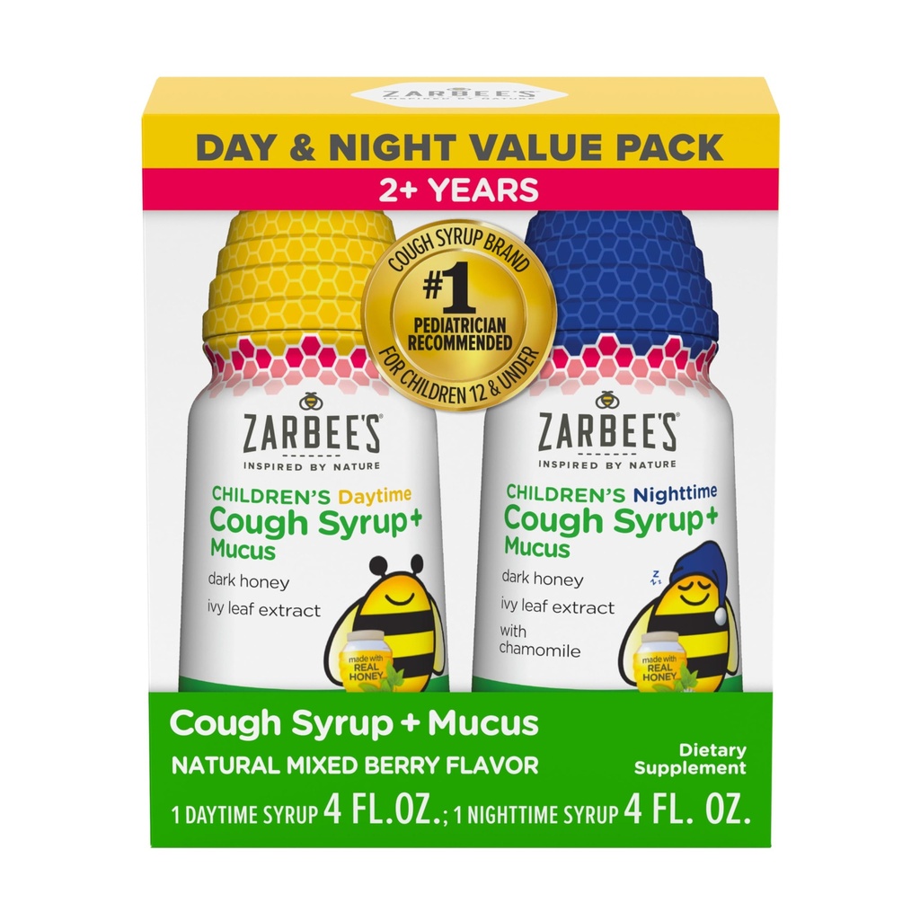Zarbee's Children's Honey Cough Syrup + Mucus Day & Night Value Pack, Daytime & Nighttime Toddler Cyrup, Dark Honey, Ivy Leaf Extract, Χαμομήλι, Μικτή Γεύση Μπερυ, 2X 4 Fl Oz