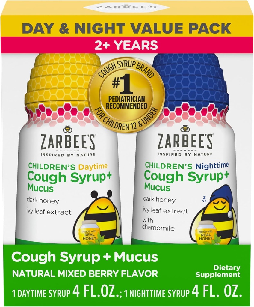 Zarbee's Children's Honey Cough Syrup + Mucus Day & Night Value Pack, Daytime & Nighttime Toddler Cyrup, Dark Honey, Ivy Leaf Extract, Χαμομήλι, Μικτή Γεύση Μπερυ, 2X 4 Fl Oz