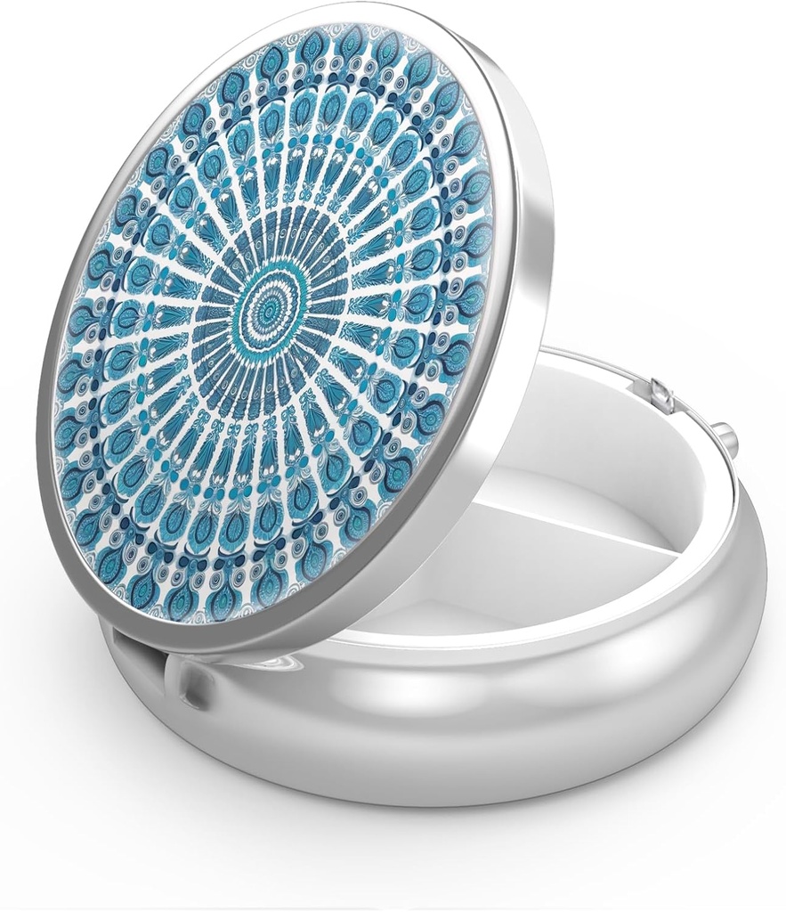 Pill Box 3 Compartment Small Pill Case,Portable for Pocket or Purse Pill Organizer Pill Container Holder to Hold Vitamins, Medication, Fish Oil and Supplements(Peacock Sky Blue)