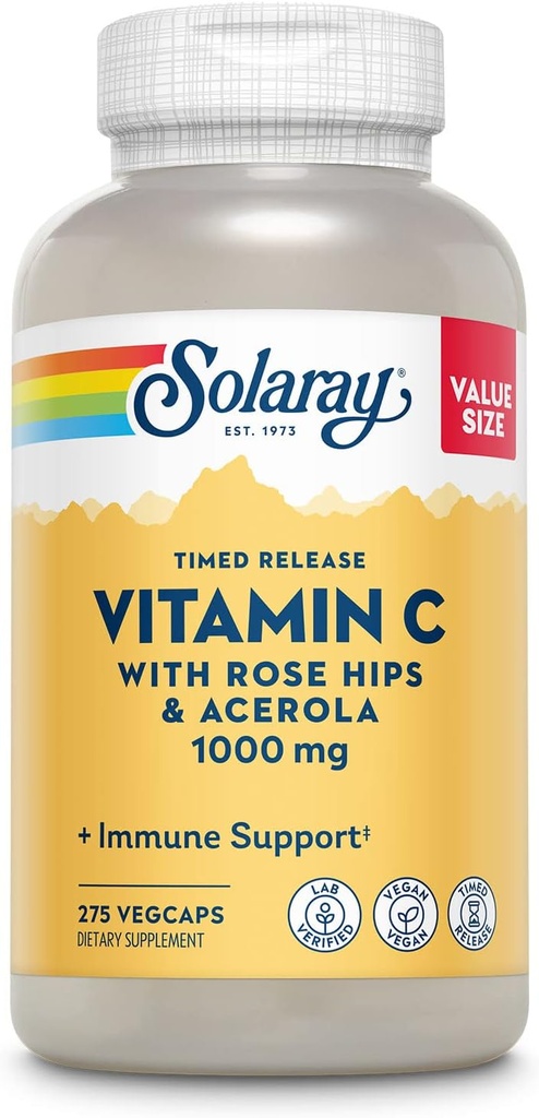 SOLARAY Vitamin C 1000mg Timed Release Κάψουλες με Rose HIPS & Acerola Bioflavonoids, Two-Stage για Υψηλή Απορρόφηση & All Day Immune Function Support, 60 Ημέρα Εγγύηση, 275 Μερίδες, 275 VegCaps