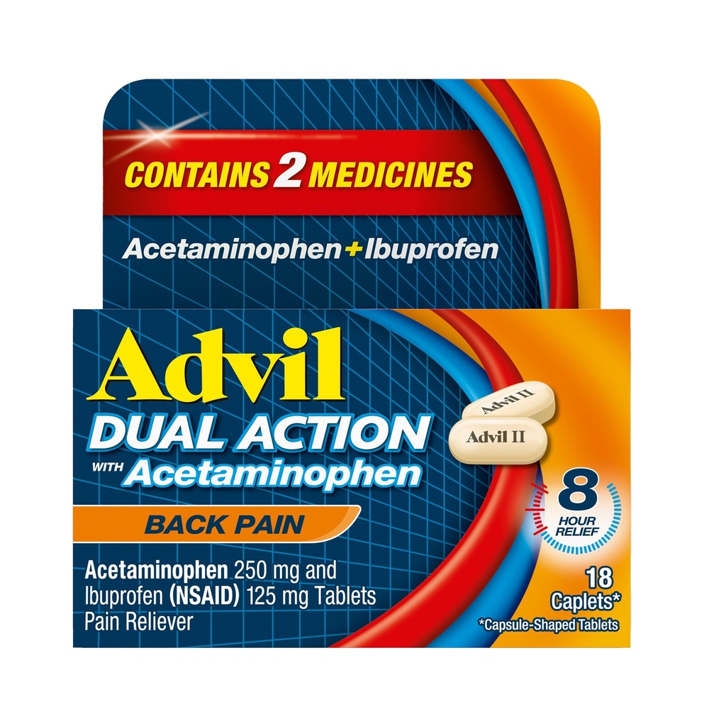 Advil Dual Action Back Caplets Παραδίδει 250mg Ibuprofen και 500mg Acetaminophen ανά δόση για 8 ώρες ανάνηψης πόνου στην πλάτη - 18 κόμης