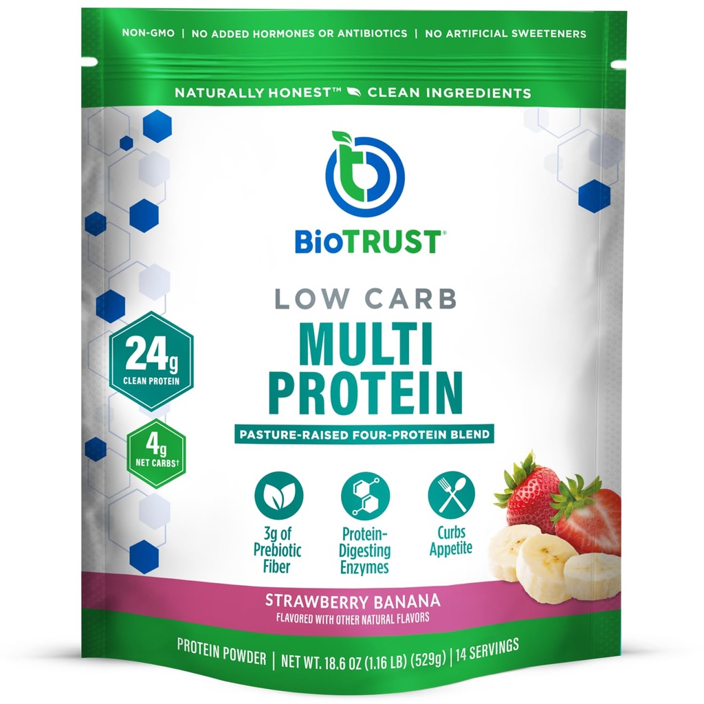 BioTrust χαμηλή σκόνη πρωτεΐνης υδατανθράκων – νοστιμότατος ορός γάλακτος & καζεΐνη ανάμειξη από χόρτο-Fed ορμονών δωρεάν αγελάδες – μη ΓΤΟ, χωρίς γλουτένη (Strawberry Banana)