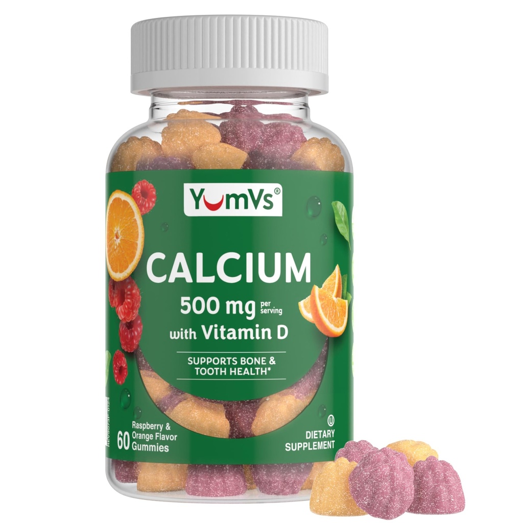 YumVs Ασβέστιο 500mg με Βιταμίνη D3 - Βατόμουρο & Πορτοκαλί Γεύσεις Ασβέστιο Βιταμίνη D Gummies, Μασώμενο συμπλήρωμα ασβεστίου για παιδιά & ενήλικες, Βιταμίνη D Γλουτένη Ασβέστου, Kosher Halal Gluten Free (60 Count)