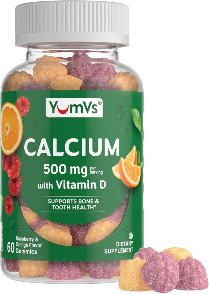 YumVs Ασβέστιο 500mg με Βιταμίνη D3 - Βατόμουρο & Πορτοκαλί Γεύσεις Ασβέστιο Βιταμίνη D Gummies, Μασώμενο συμπλήρωμα ασβεστίου για παιδιά & ενήλικες, Βιταμίνη D Γλουτένη Ασβέστου, Kosher Halal Gluten Free (60 Count)
