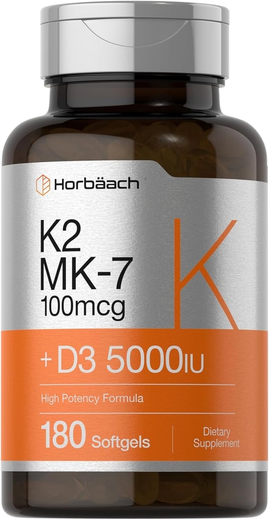 Horbäach Vitamin D3 K2 5000 iu | 100mcg MK-7 Complex | 180 Softgel Capsules | Non-GMO & Gluten Free Supplement